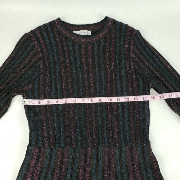 Nanette Lepore Metallic Fit Flare Dress Womens Medium Black Striped 3/4 Sleeve - Picture 14 of 15